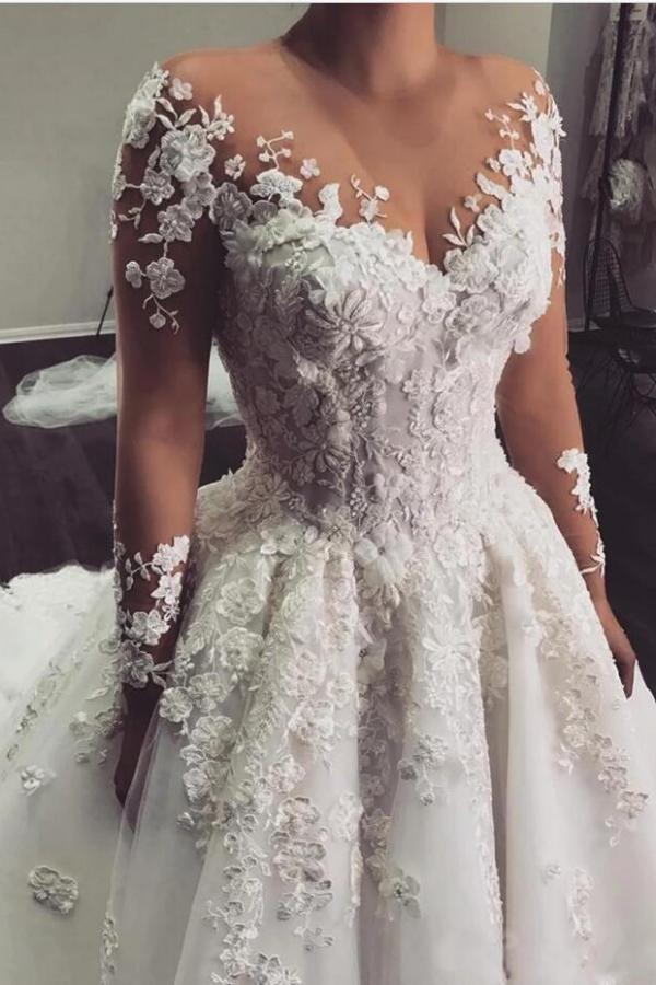 Bateau Long Sleeve A-Line Floor-Length Wedding Dress with Lace Appliques