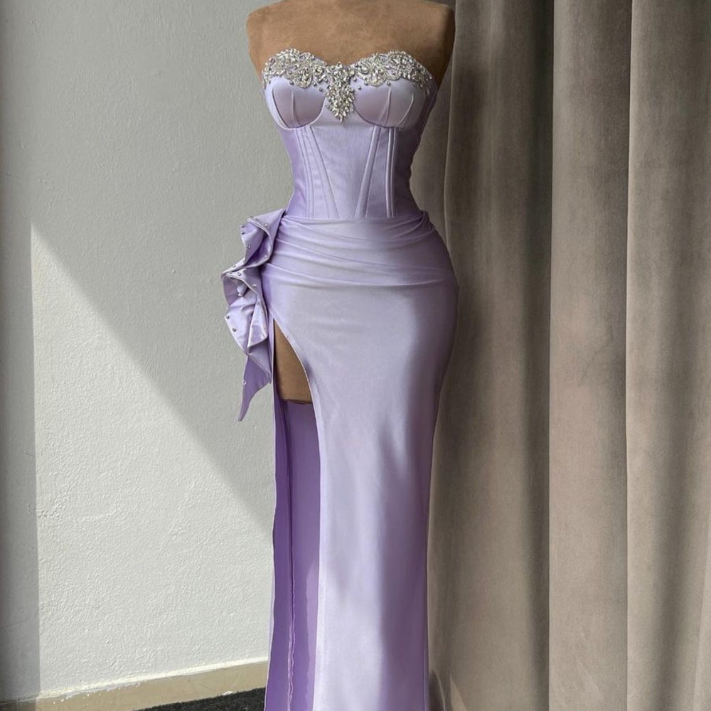 Light Purple Sleeveless Prom Dress with Rhinestone High Slit Gown