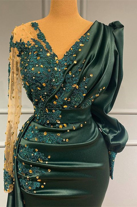 
                      
                        Dark Green V-Neck Long Sleeves Evening Dress with Lace Appliques Beadings
                      
                    