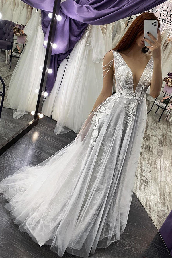 Strappy V-Neck A-Line Backless Wedding Dress with Pearl Appliques