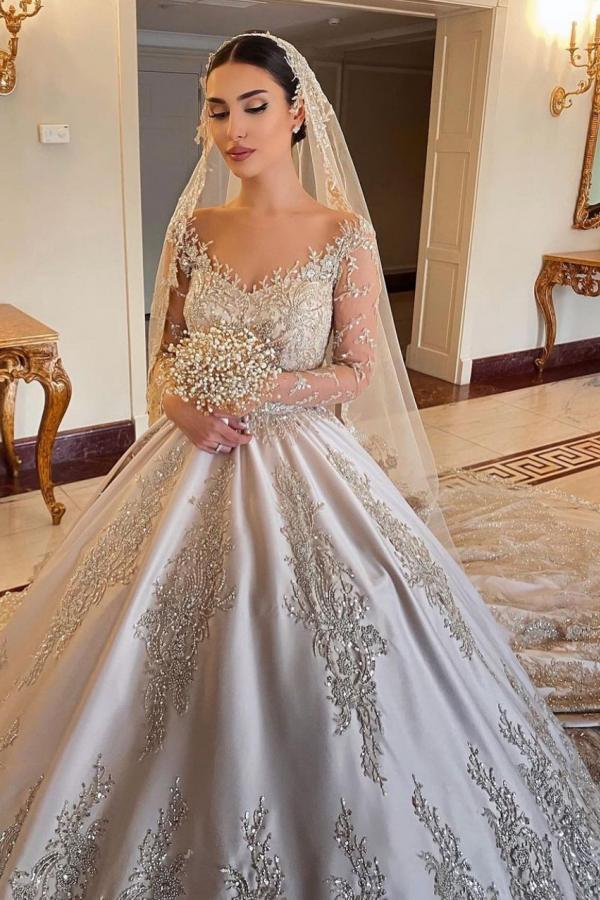 Gorgeous Sweetheart Long Sleeve Satin Wedding Dress with Beadings and Pearls