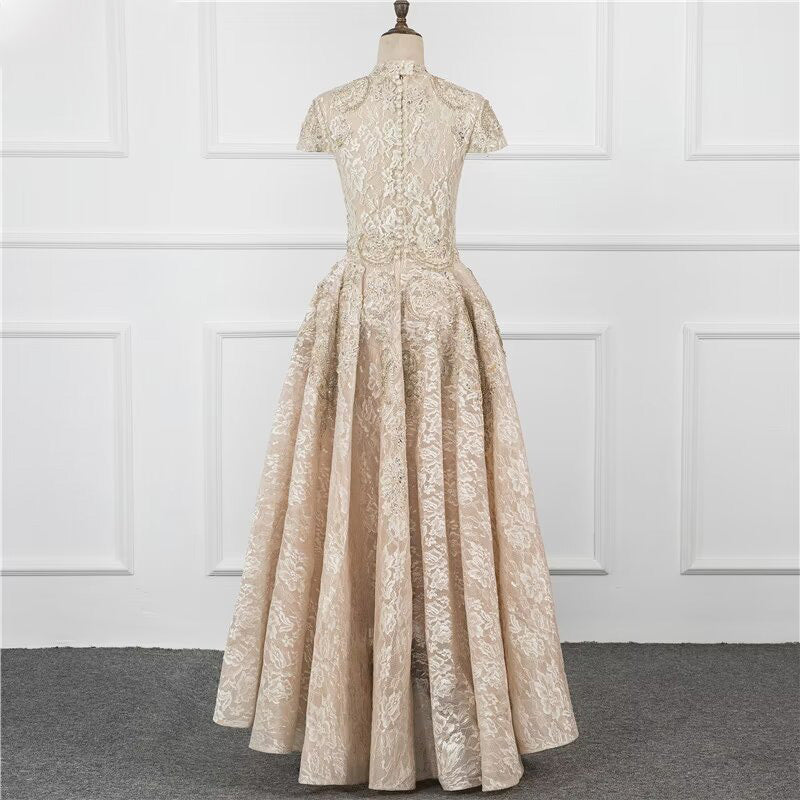 
                      
                        A-Line Sequin Appliques Prom Dress, Long Pleated with Short Sleeves
                      
                    