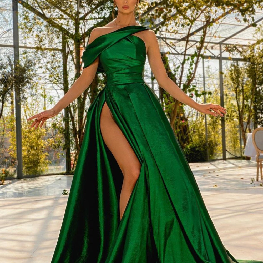 Green One Shoulder Satin Prom Dress with High Split