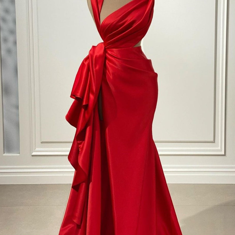 Elegant Red Charmeuse Long Prom Dress with High Slit