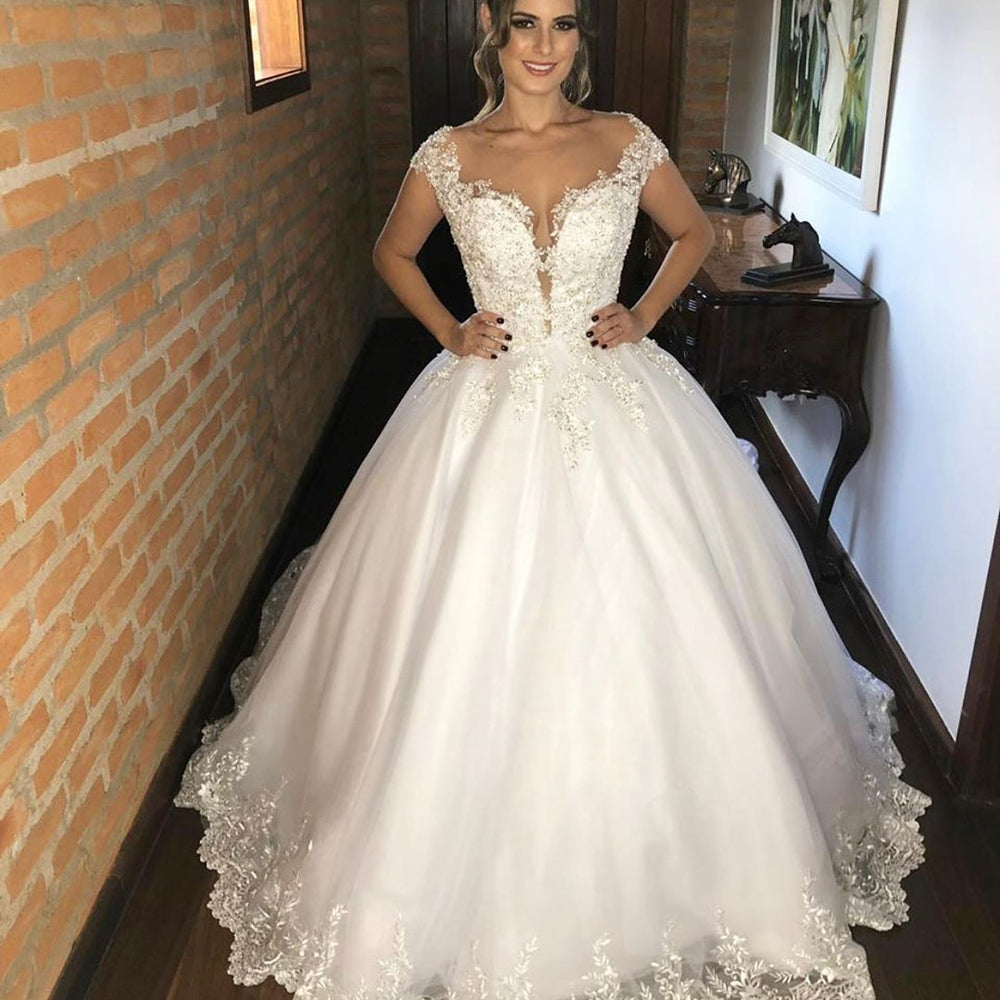 Sweetheart Strappy V-Neck Floor-Length Wedding Dress with Lace Appliques