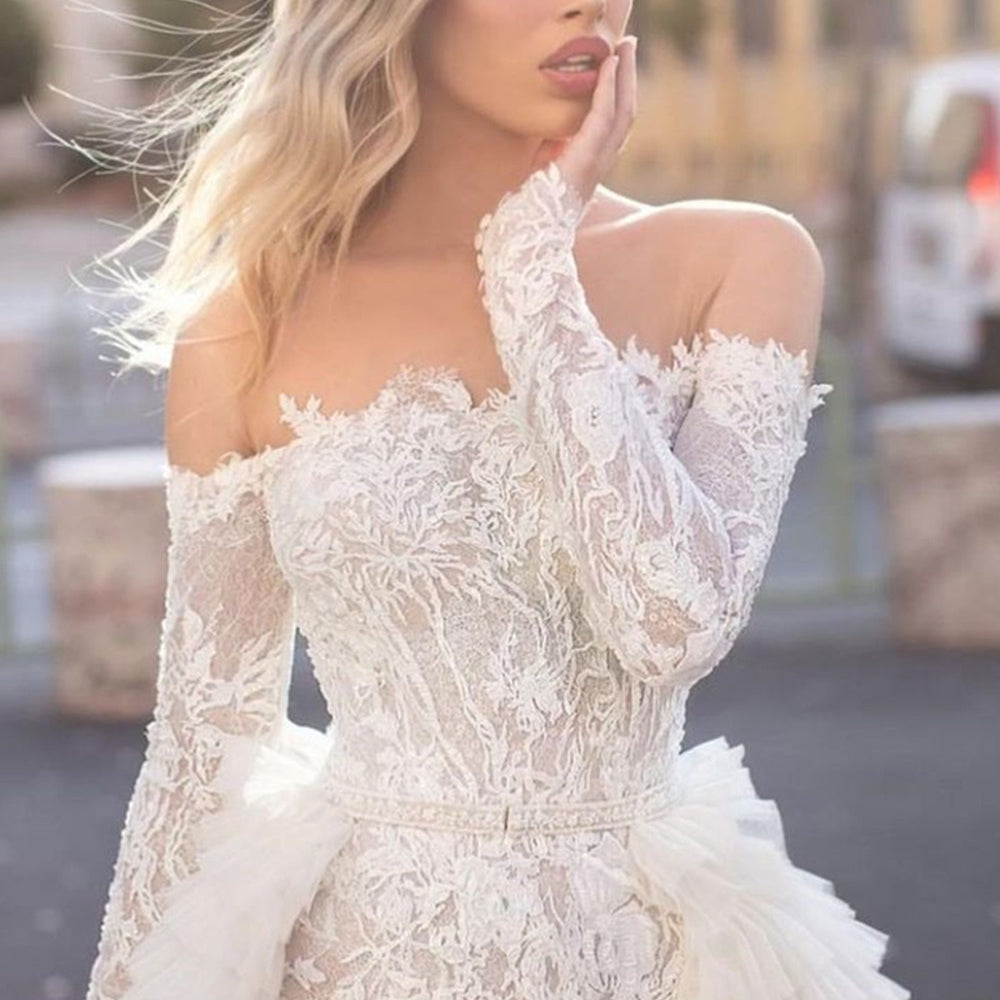 
                      
                        Off-the-Shoulder A-Line Long Sleeve Mermaid Wedding Dress with Train
                      
                    