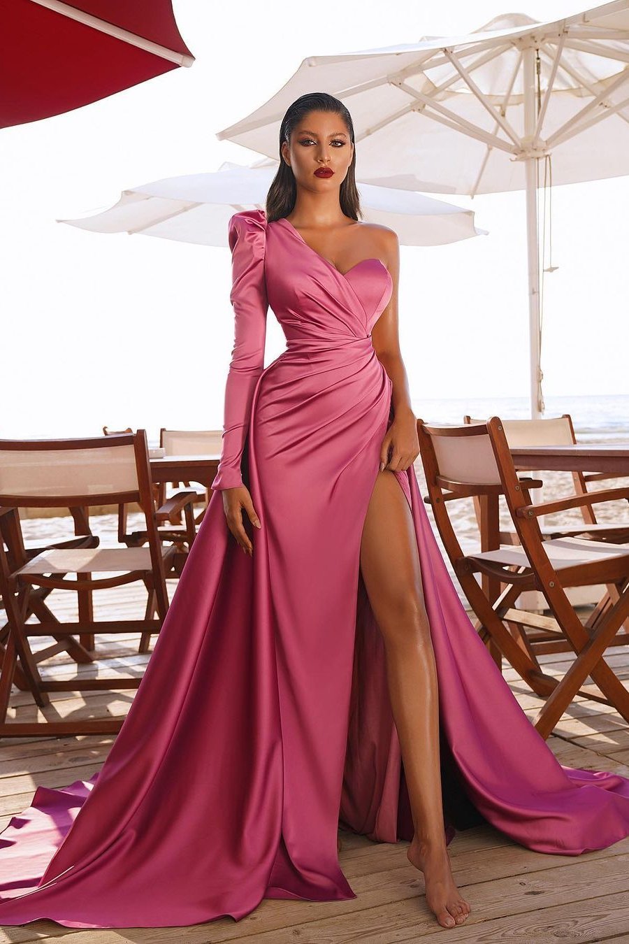 One Shoulder Long Sleeves Prom Dress with Split