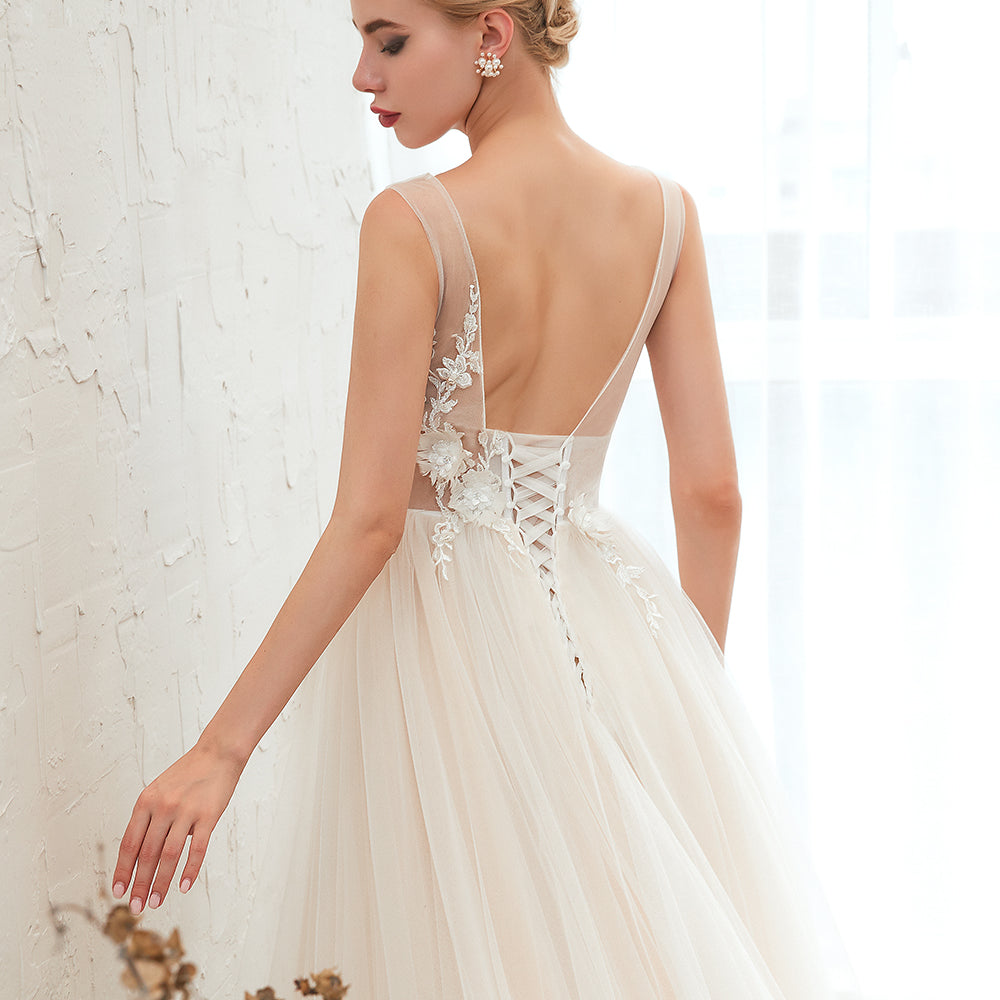 
                      
                        Romantic Wide Strap Deep V-Neck Floor-Length A-Line Wedding Dress with Tulle
                      
                    