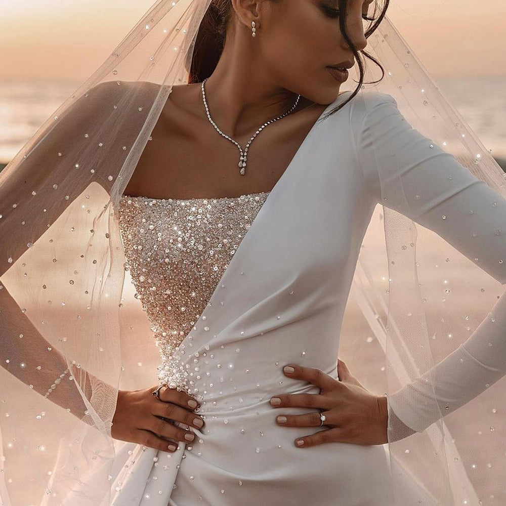 
                      
                        Charming One-Shoulder Long Sleeve A-Line Wedding Dress with Sequins
                      
                    