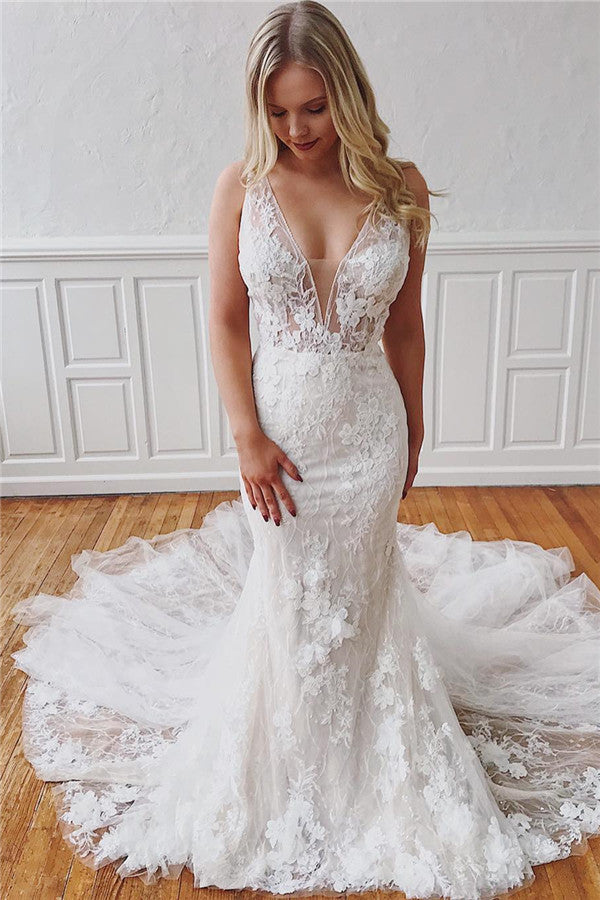 Straps Mermaid Wedding Dresses With Detachable Lace