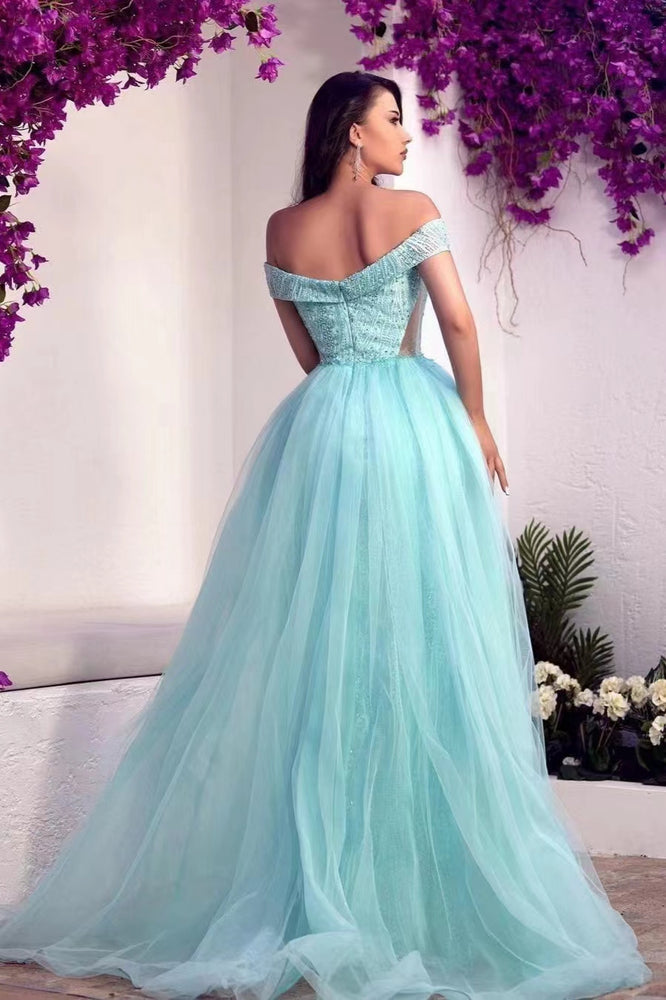 
                      
                        Glamorous Off-the-Shoulder Sweetheart Tulle Prom Dress with Overskirt, Sequins, and Beads
                      
                    