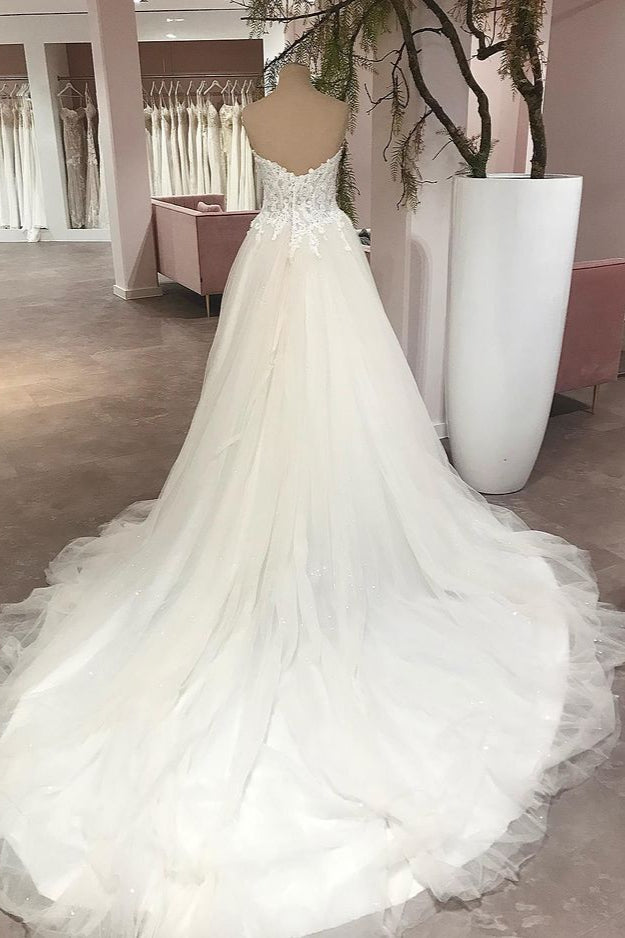 
                      
                        A-Line Sweetheart Backless Lace Floor-Length Wedding Dress with Tulle Appliques
                      
                    