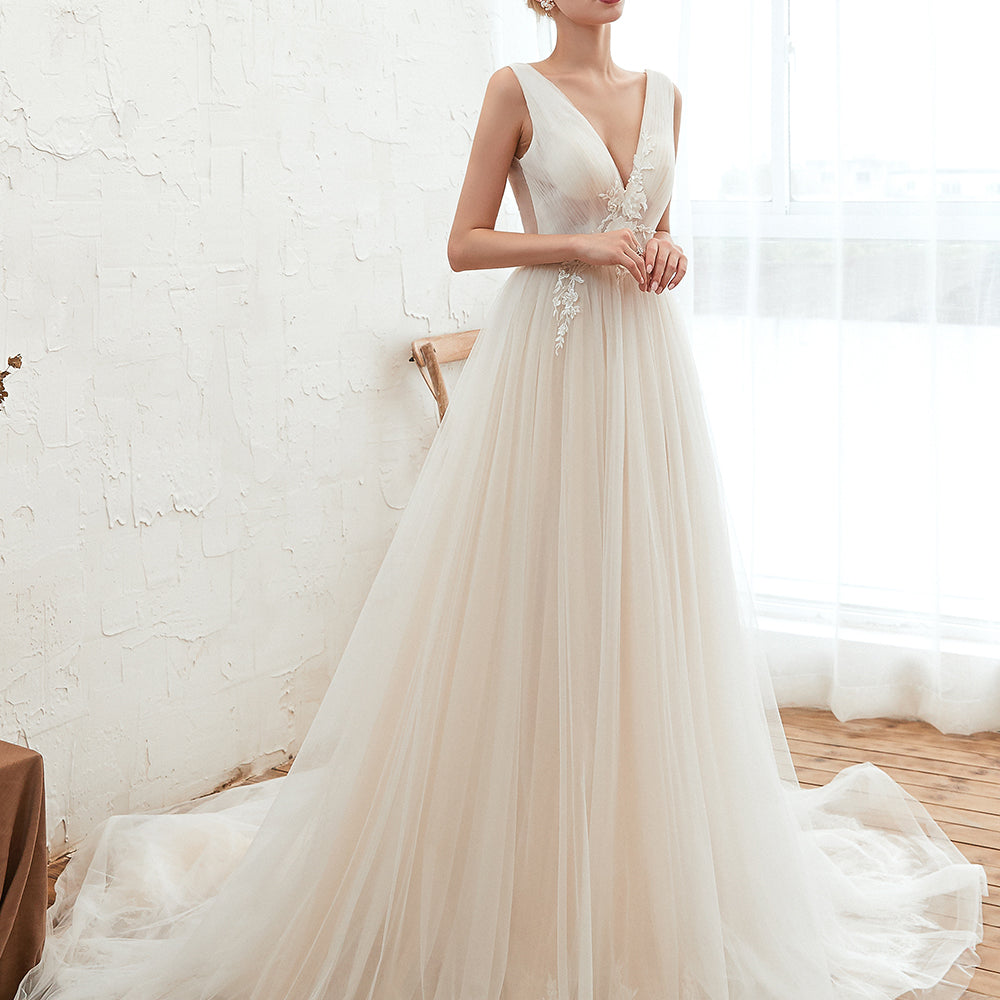 Romantic Wide Strap Deep V-Neck Floor-Length A-Line Wedding Dress with Tulle