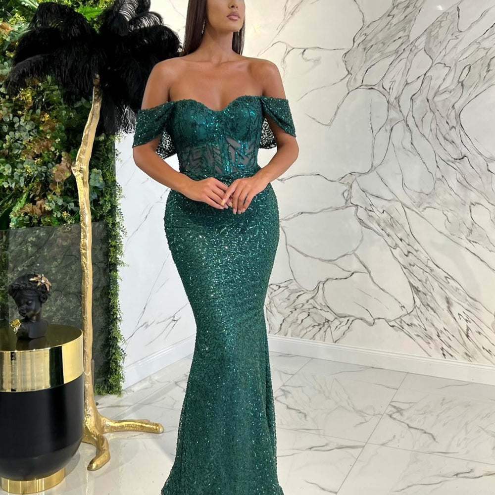 Dark Green Sweetheart Off-The-Shoulder Prom Dress with Appliques and Sequins