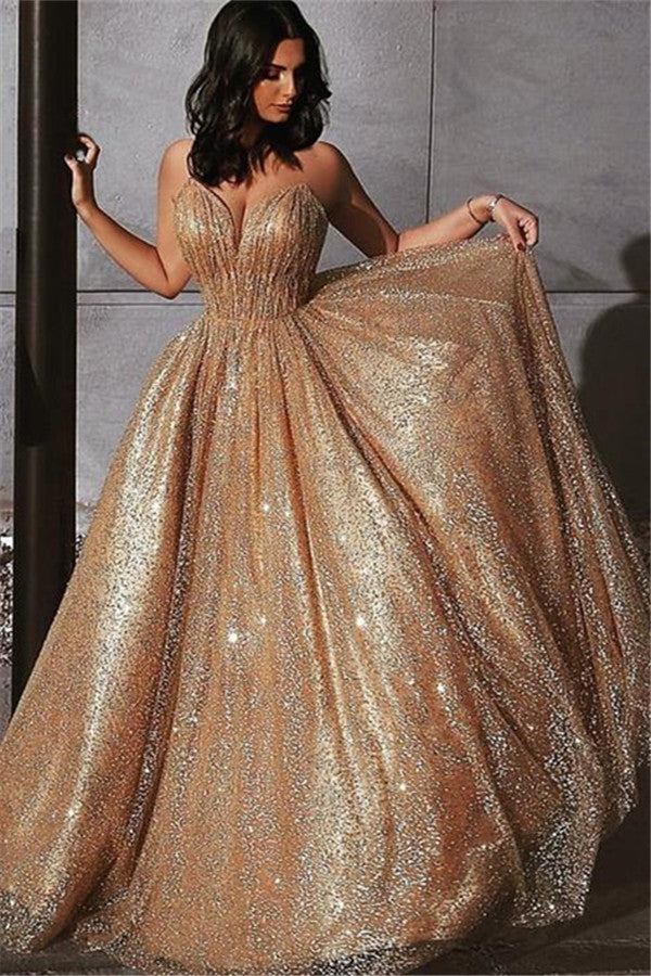 Gold Sequins Long Prom Dress