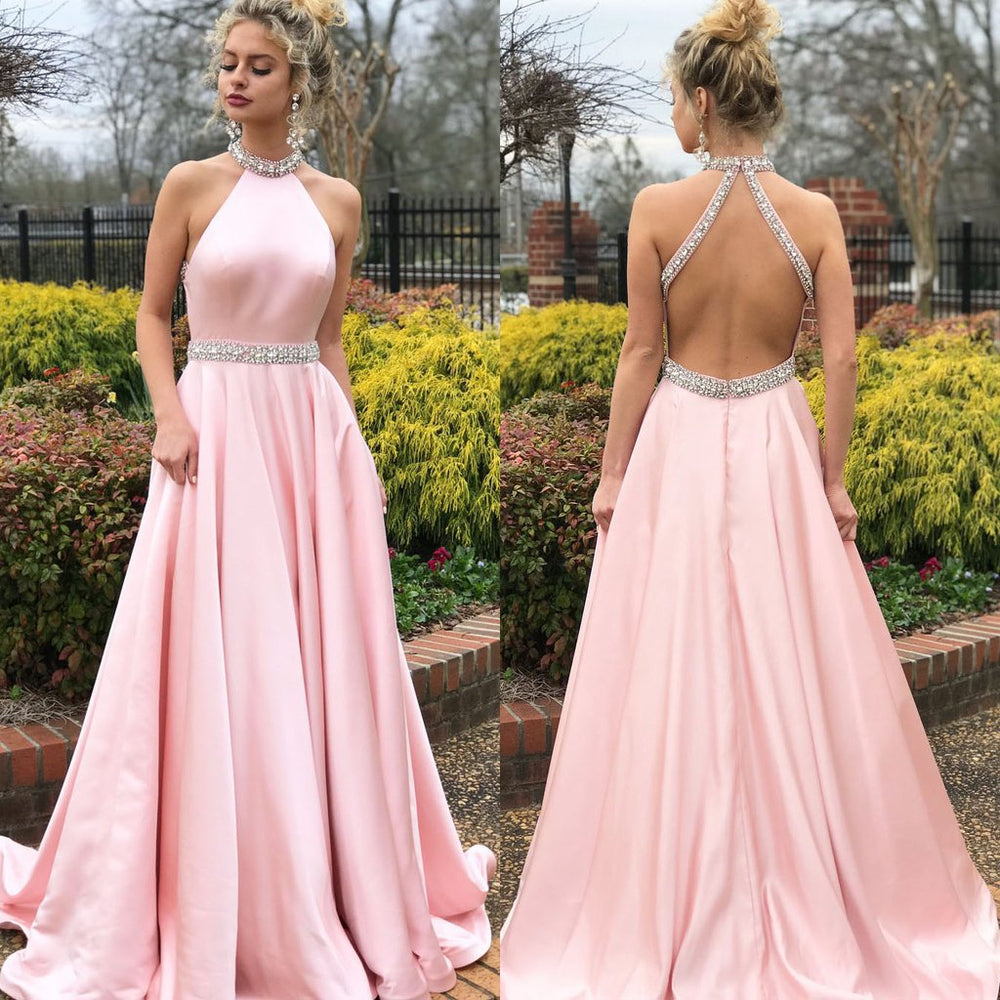 
                      
                        Pink Halter Sleeveless Beaded Mermaid Prom Dress
                      
                    