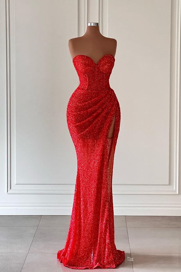 Red Sleeveless Sweetheart Long Mermaid Prom Dress with Split Sequins