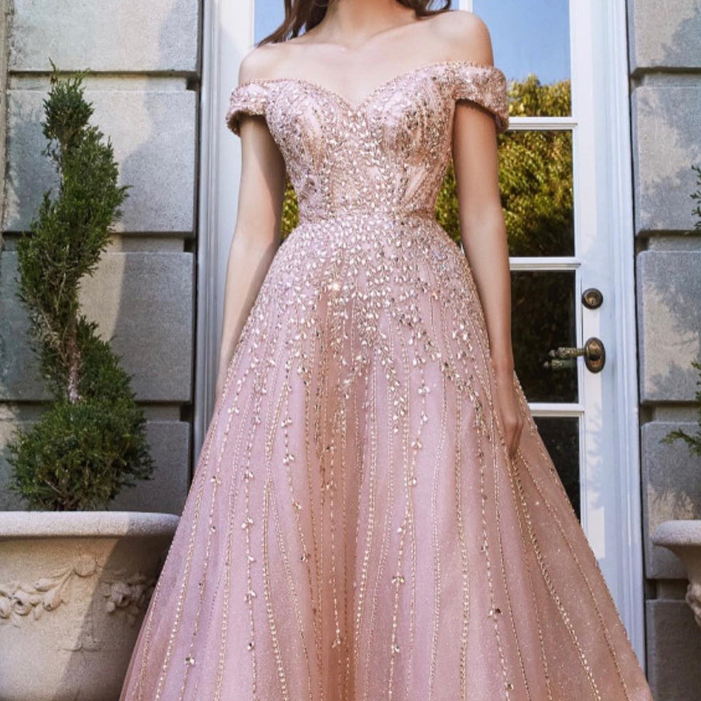 Pink Off-the-Shoulder Sweetheart Beaded Prom Dress with Sequined Tulle