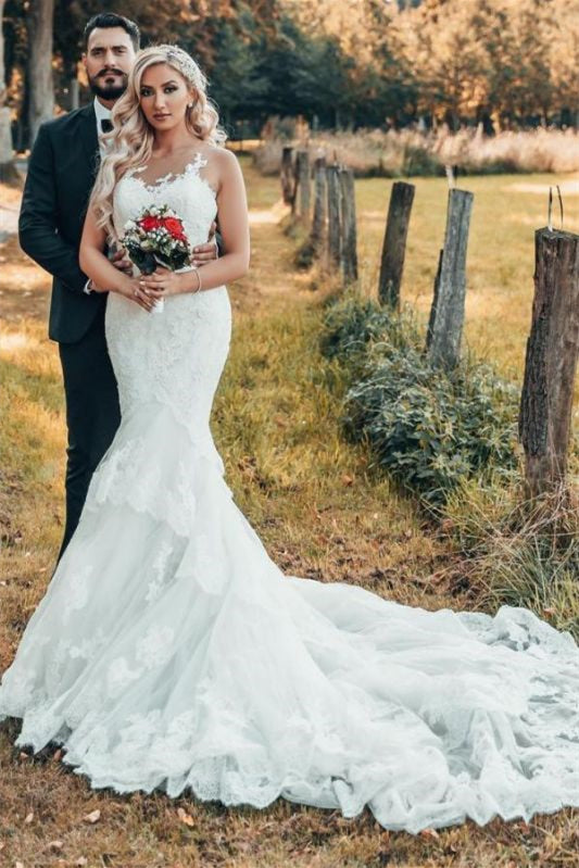 Sleeveless Lace Mermaid Wedding Dress with Chapel Train