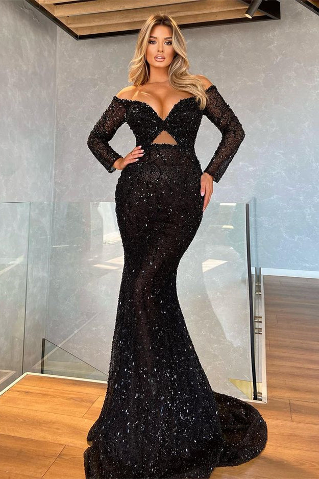 Black Long Sleeves V-Neck Mermaid Prom Dress with Sequins