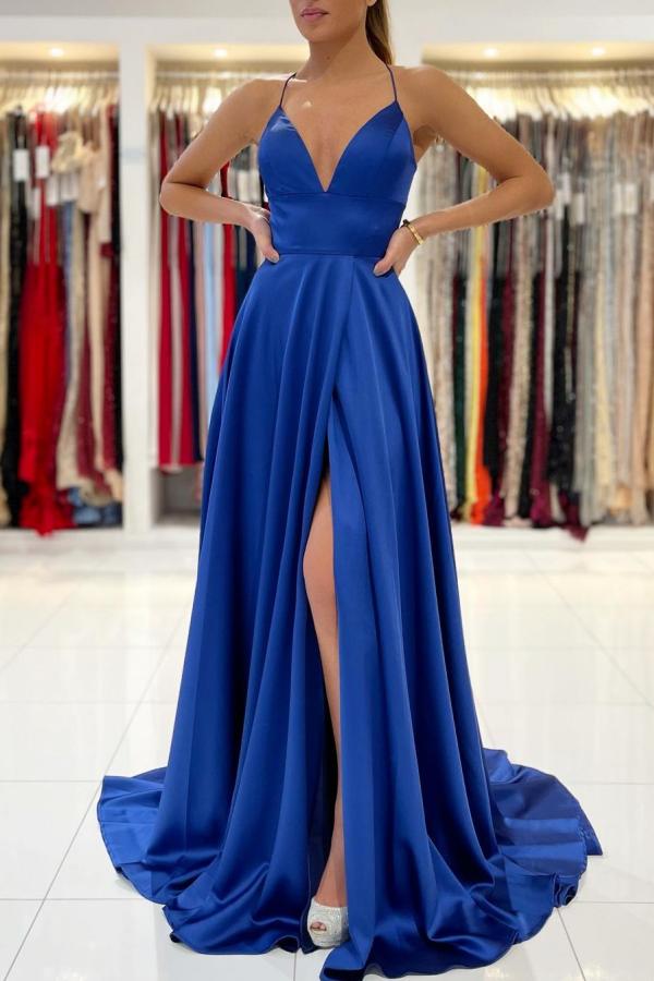 Royal Blue Spaghetti Strap V-Neck Prom Dress with Slit