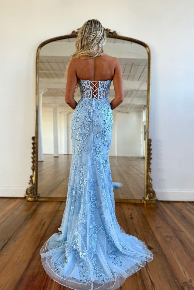 
                      
                        Baby Blue Prom Dress Ball Gown with Mermaid Appliques
                      
                    