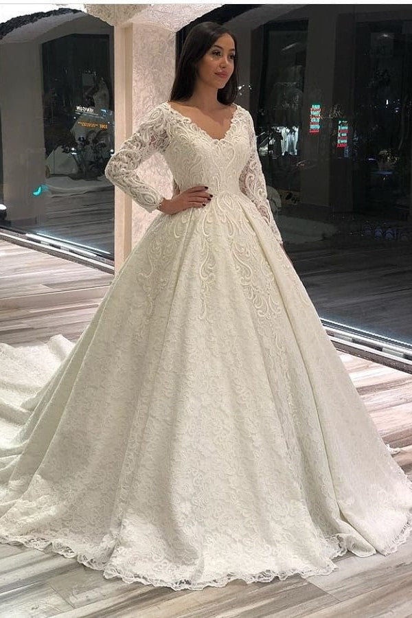 Elegant A-Line Deep V-Neck Long Sleeve Floor-Length Wedding Dress with Lace Appliques