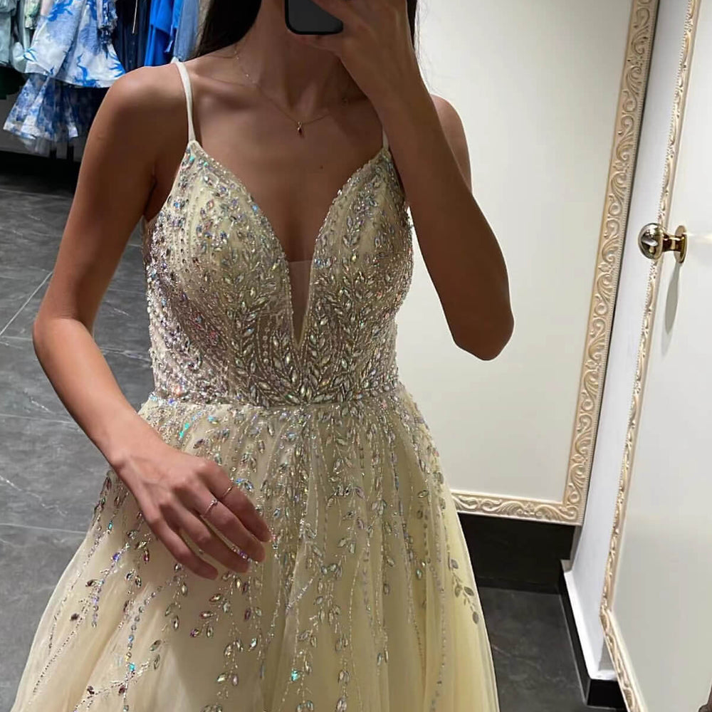 
                      
                        Daffodil Spaghetti-Strap Tulle A-Line Prom Dress with Beadings
                      
                    