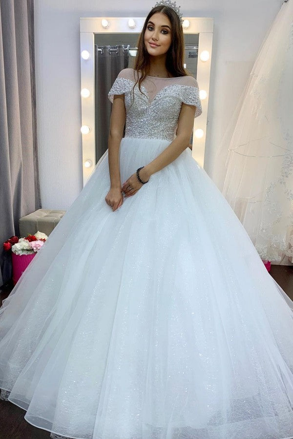 Elegant A-Line Bateau Neck Crystal Train Wedding Dress with Sequins and Tulle