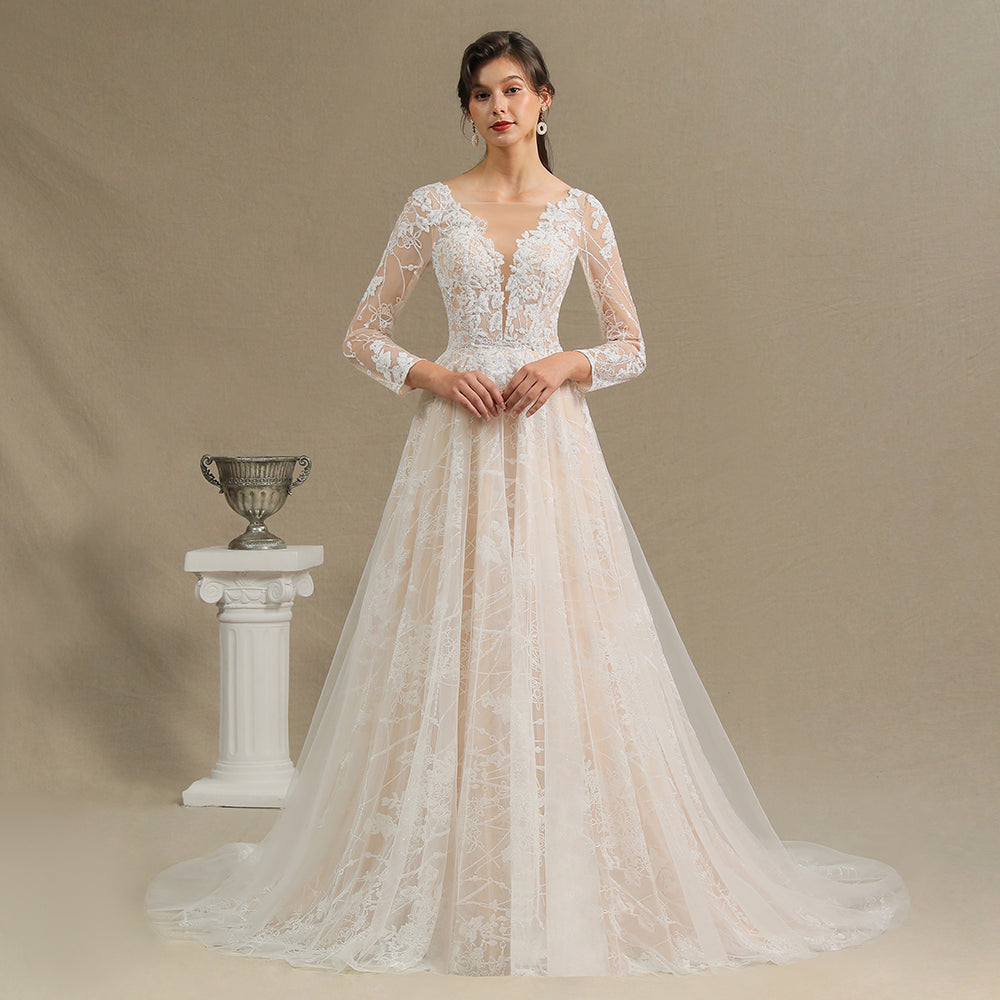 
                      
                        Sheer Long Sleeve A-Line Illusion Tulle Wedding Dress with Lace
                      
                    