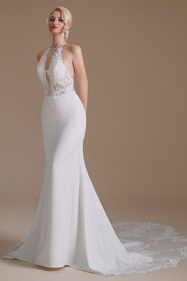 
                      
                        Modest Long Mermaid Halter Backless Satin Wedding Dress with Lace Appliques
                      
                    