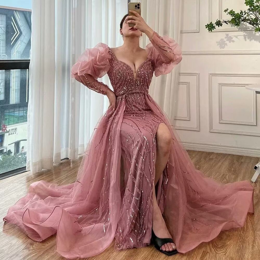 Pink Mermaid High Split Evening Dress, Beaded Bubble Sleeve