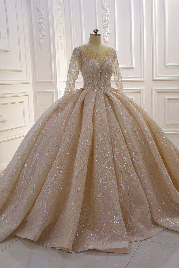 
                      
                        Bateau Long Sleeve Floor-Length Ball Gown Wedding Dress with Ruffles
                      
                    