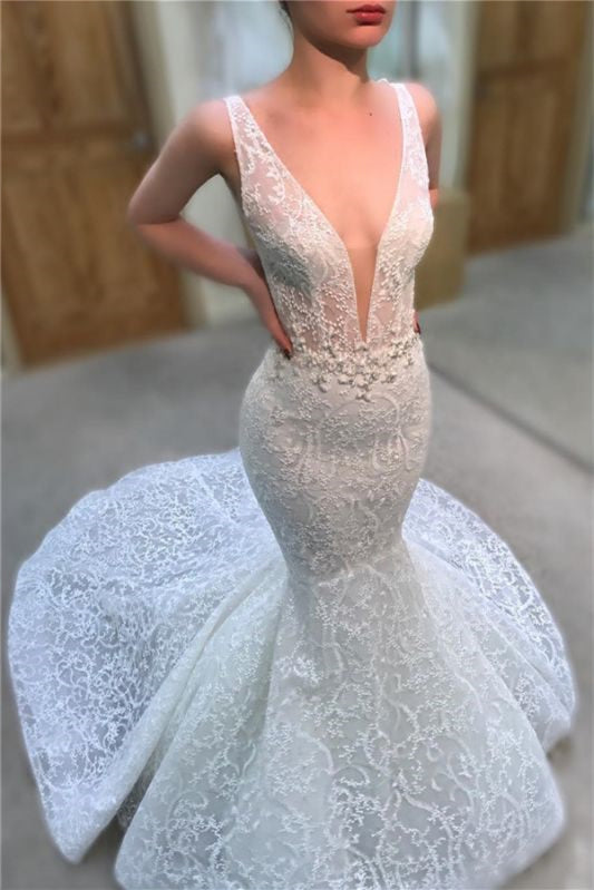 Sleeveless Deep V-Neck Long Mermaid Wedding Dress with Lace Appliques