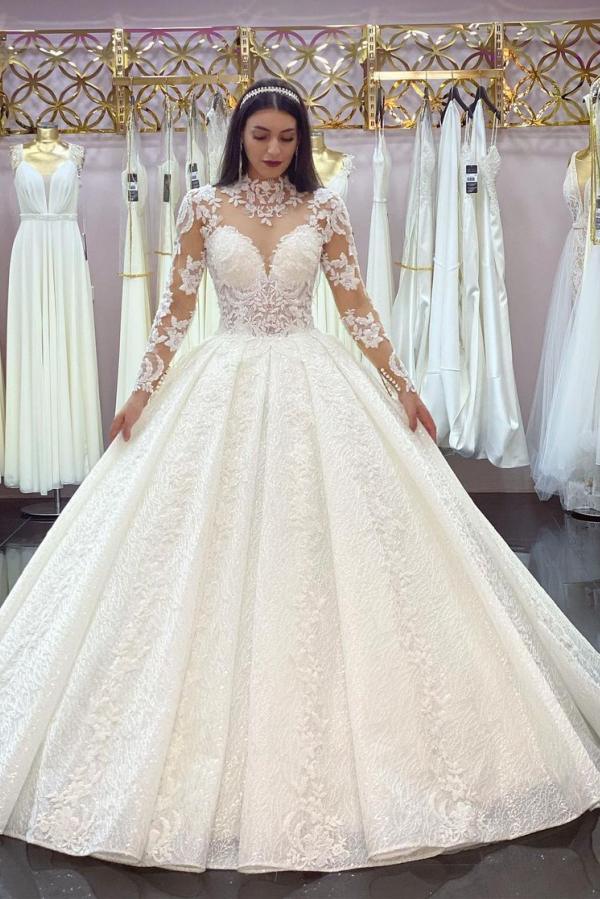 High Neck Jewel Long Sleeve Wedding Dress with Lace Appliques