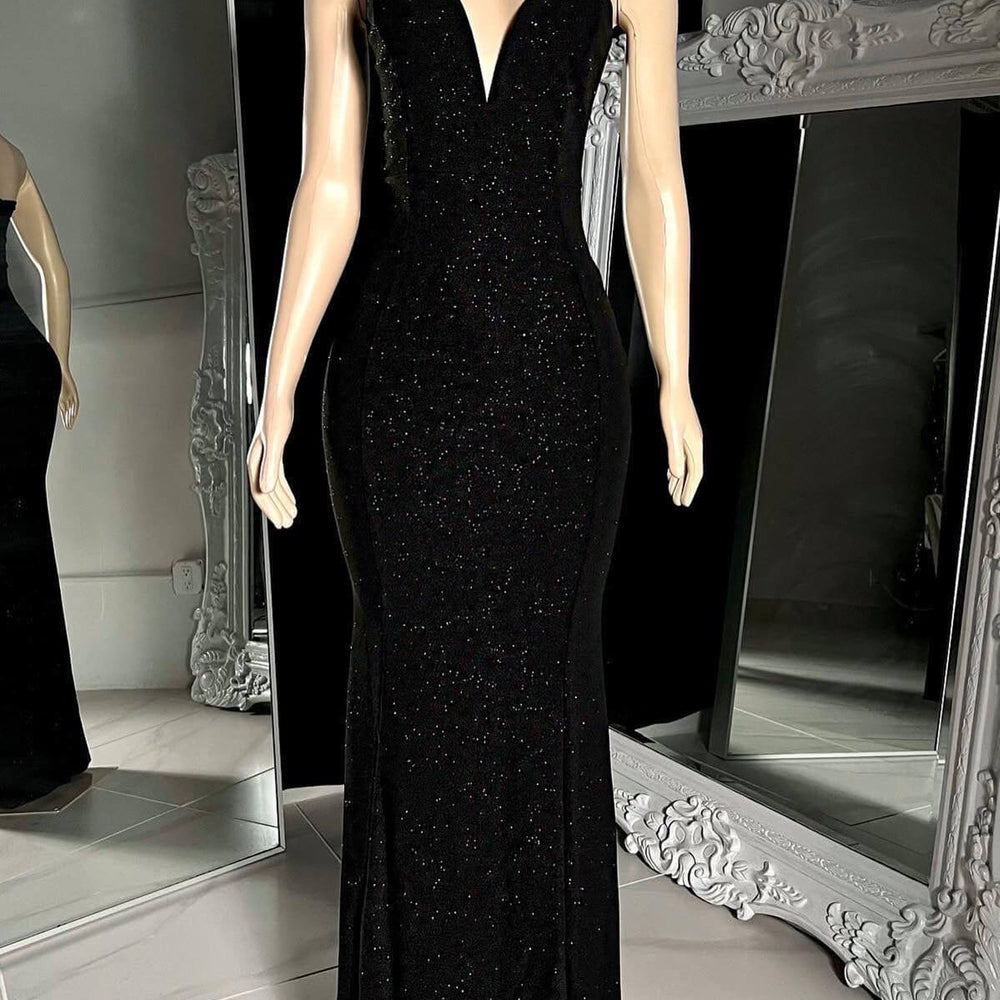 Sleeveless Black V Neck Mermaid Prom Dress Sequins Strapless