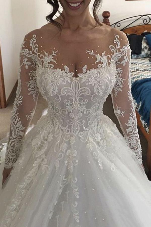 Princess Long Sleeve White Wedding Dress with Appliques