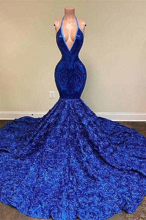 Royal Blue Sleeveless Halter Mermaid Prom Dress with Sequins and Floral Bottom