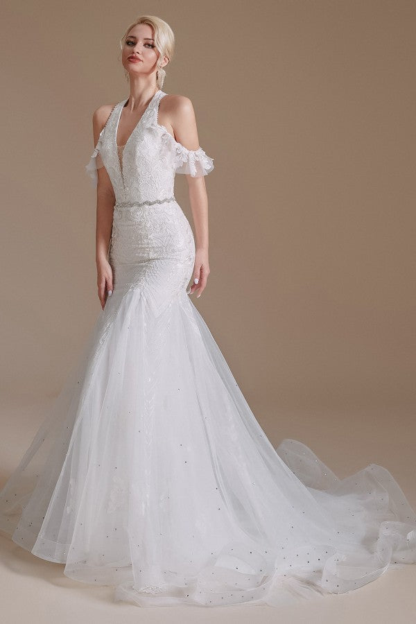 
                      
                        Elegant Long Mermaid Halter Tulle Floor-Length Wedding Dress with Lace Appliques
                      
                    