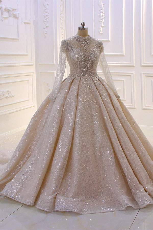 High Neck Long Sleeve Satin Ball Gown Wedding Dress with Sequins