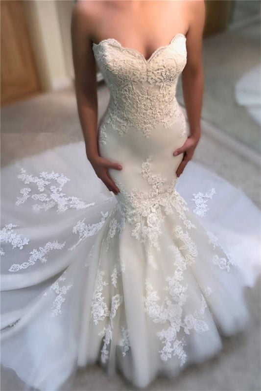 Sweetheart Long Mermaid Lace Appliques Wedding Dress