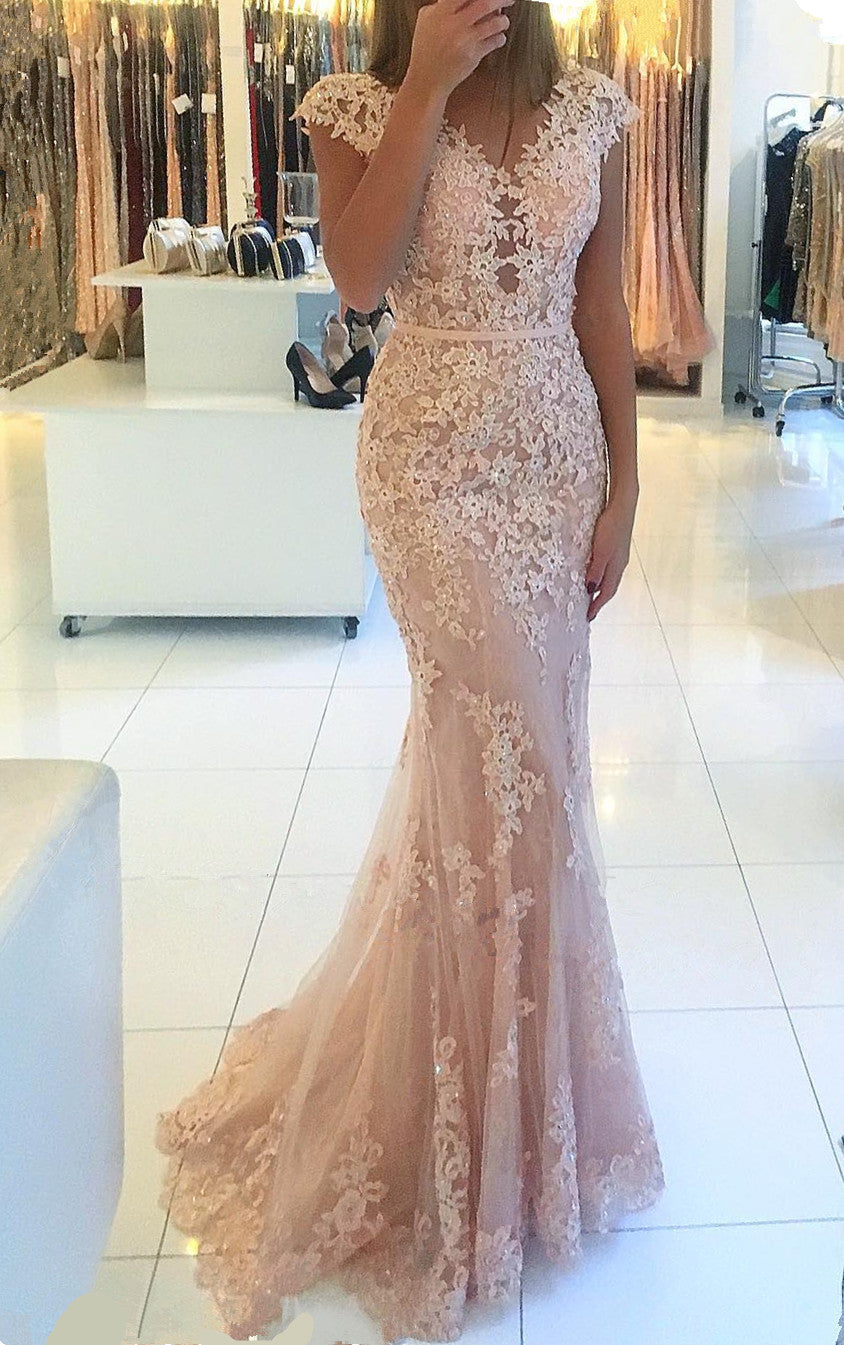 Mermaid Cap Sleeve Prom Dress with Appliques