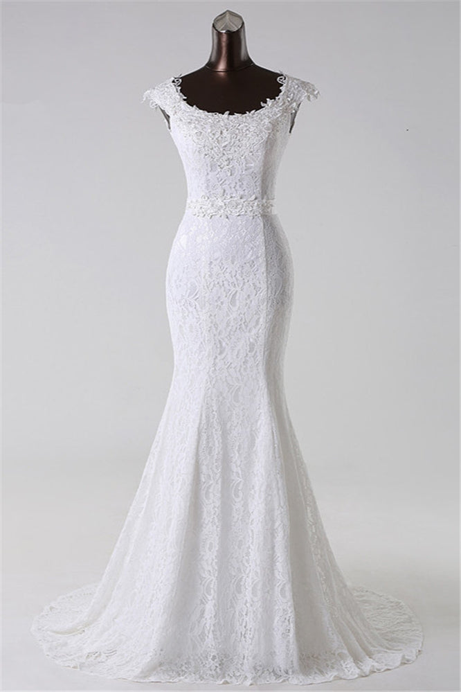 Jewel Neck Long Mermaid Lace Wedding Dress with Appliques