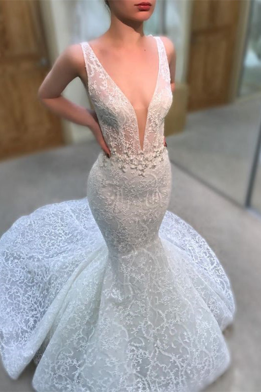 
                      
                        Sleeveless Deep V-Neck Long Mermaid Wedding Dress with Lace Appliques
                      
                    