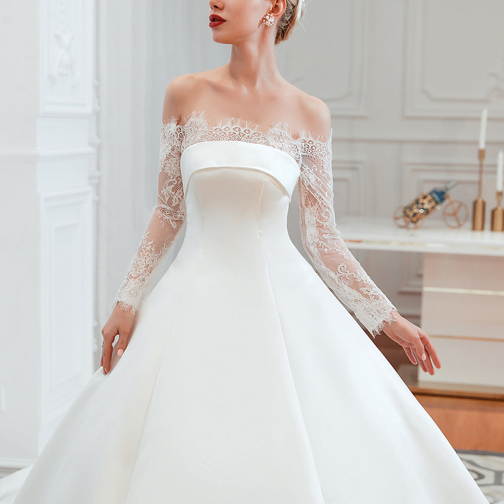 
                      
                        Stunning Off-the-Shoulder Long Sleeve A-Line Satin Wedding Dress with Lace
                      
                    