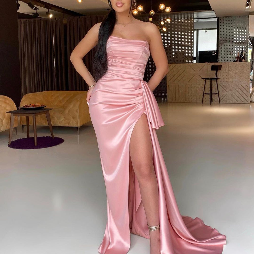 
                      
                        Pink Strapless Pleated Prom Dress with Side Split
                      
                    