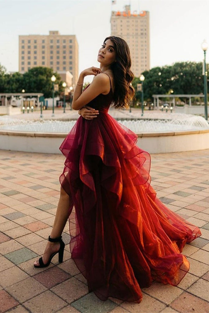 Burgundy Spaghetti-Straps Prom Dress with Ruffles