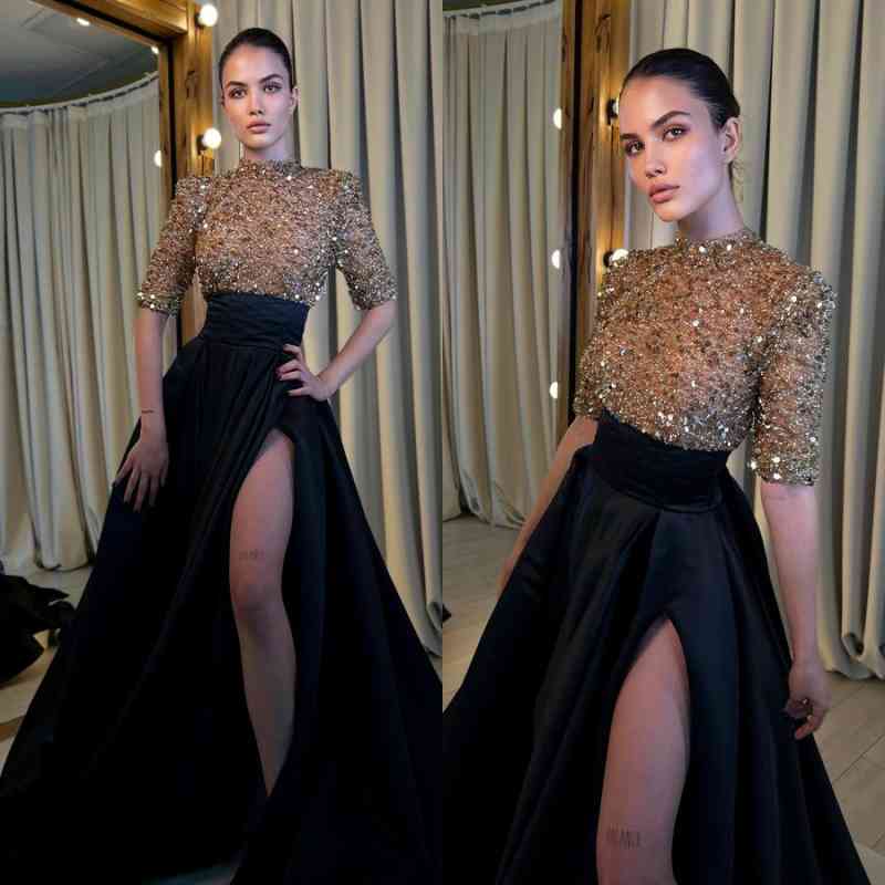 
                      
                        Black and Champagne Long Sleeves Mermaid Prom Dress with Slit
                      
                    