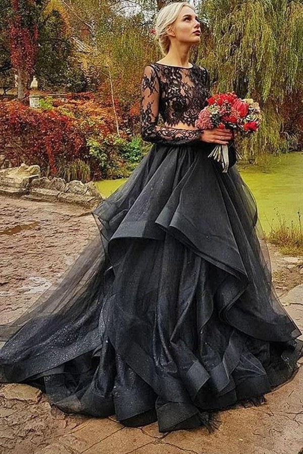 Black Long Two-Piece Wedding Dress with Tulle Lace and Sleeves