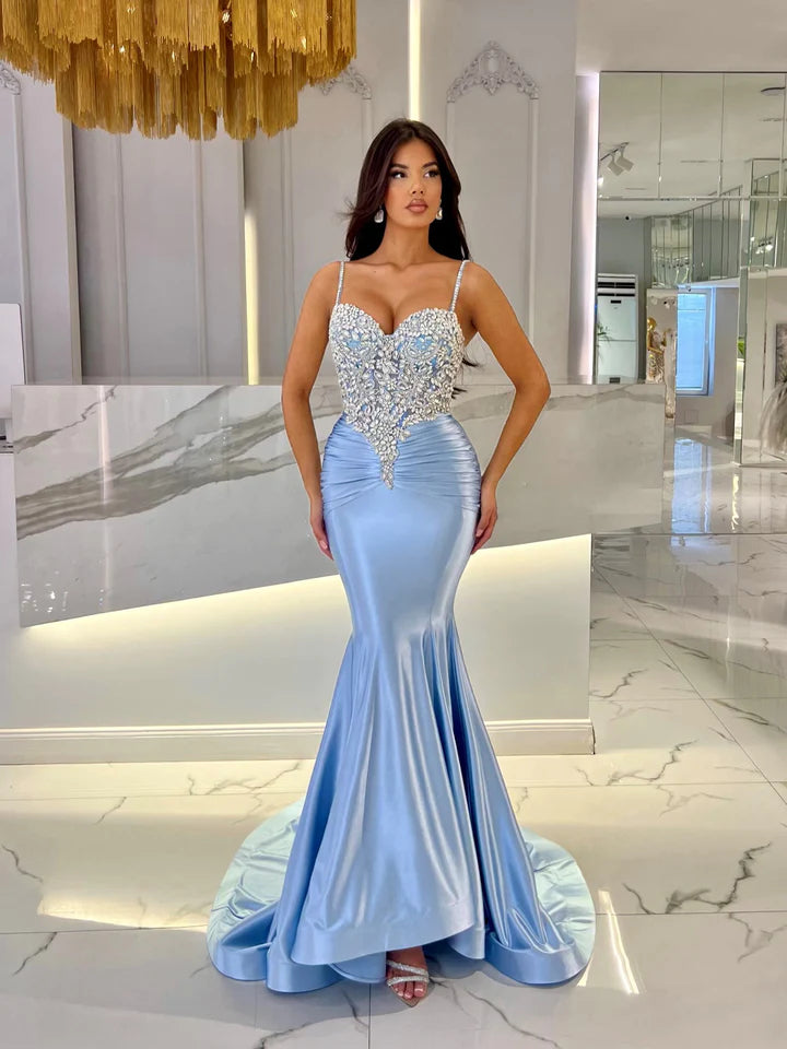 Baby Blue Mermaid Prom Dress Long Sweetheart Sleeveless with Beads